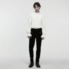 PUNK RAVE Men's Gothic Floral Embroidered Pleated Ruffled Stand Collar Shirt White