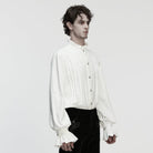 PUNK RAVE Men's Gothic Floral Embroidered Pleated Ruffled Stand Collar Shirt White