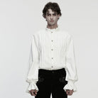 PUNK RAVE Men's Gothic Floral Embroidered Pleated Ruffled Stand Collar Shirt White