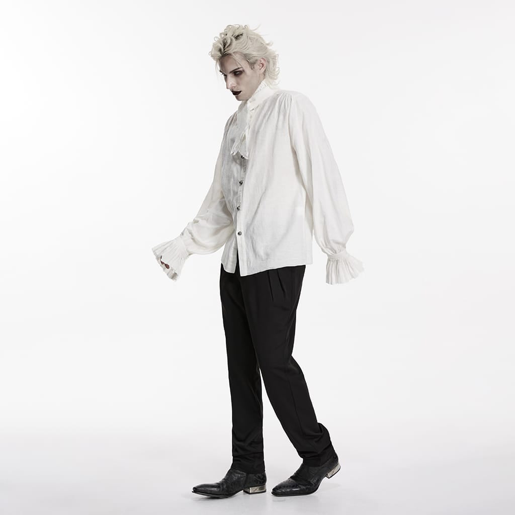 PUNK RAVE Men's Gothic Jacquard Bishop Sleeved Shirt with Detachable Tie White
