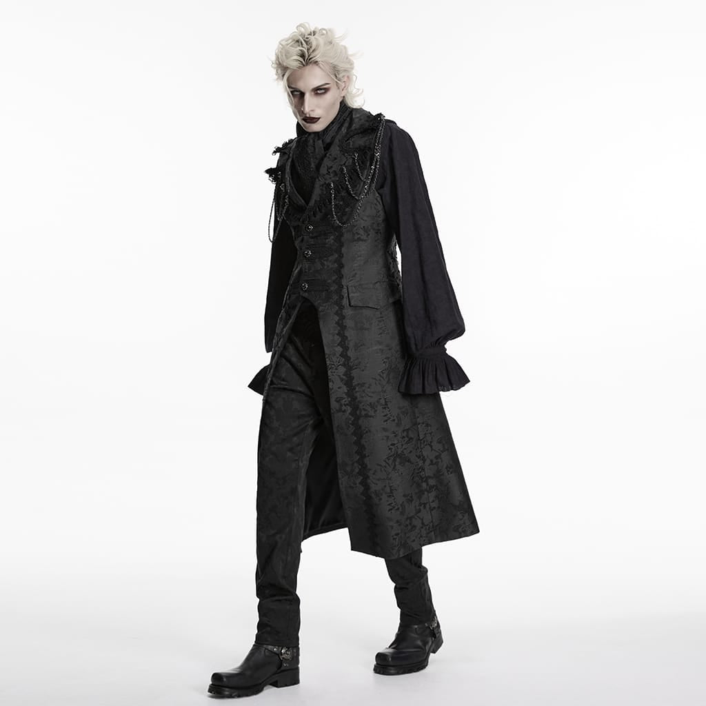 PUNK RAVE Men's Gothic Jacquard Chained Lapel Long Vest Black