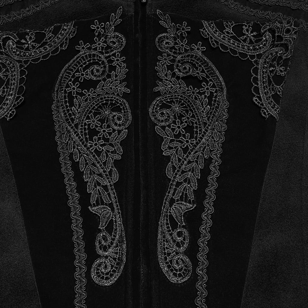 PUNK RAVE Men's Gothic Lace Applique Front Zipper Stand Collar Vest Black