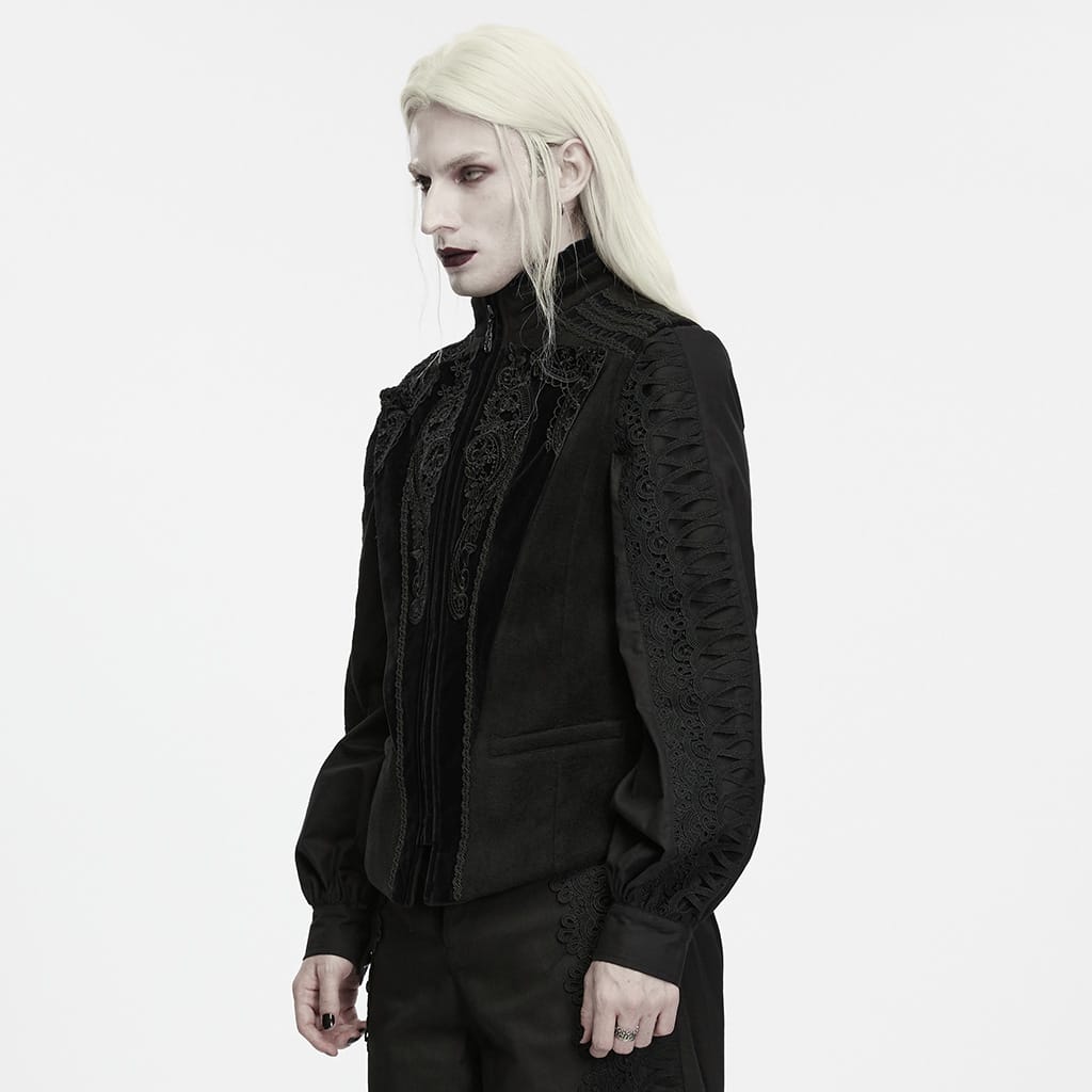PUNK RAVE Men's Gothic Lace Applique Front Zipper Stand Collar Vest Black