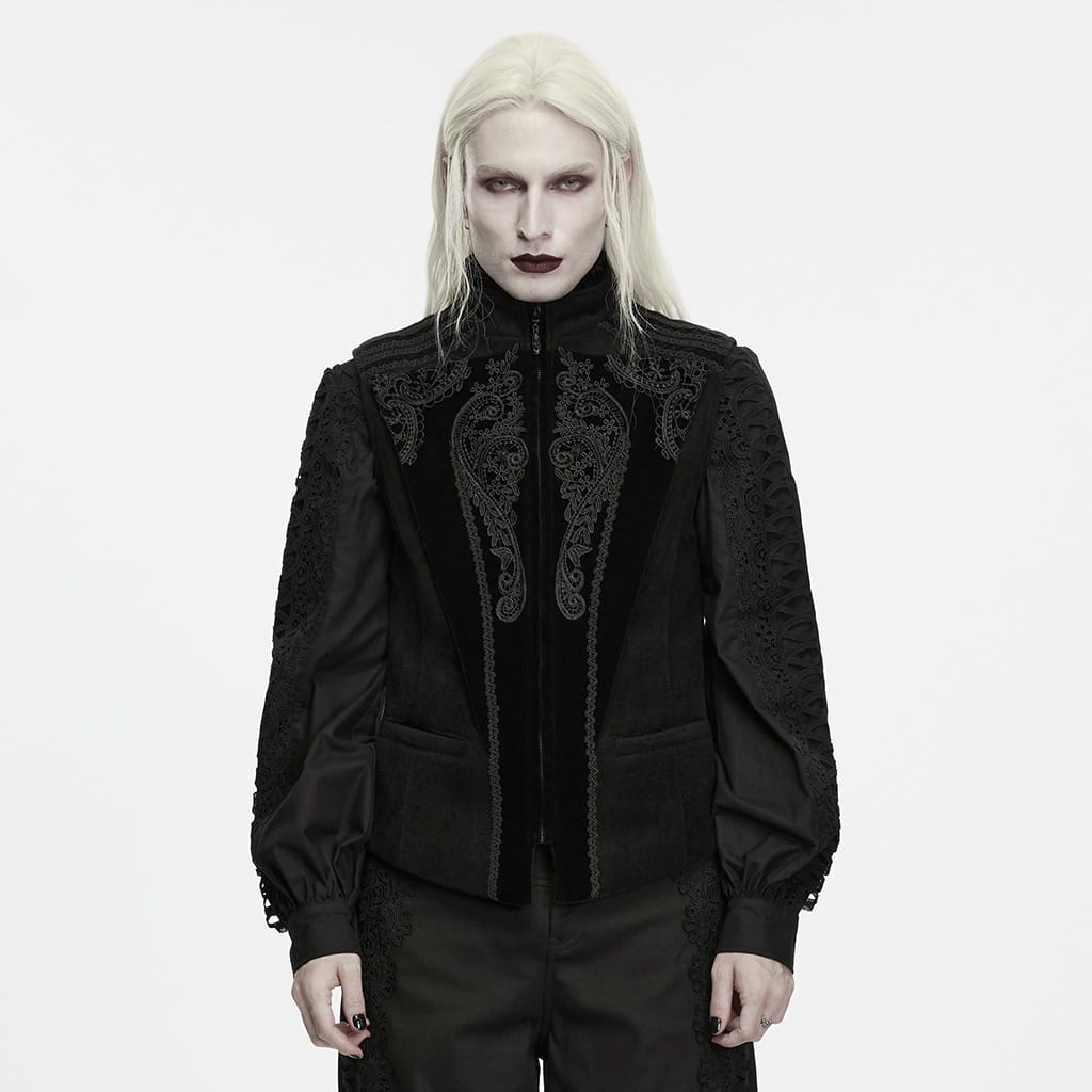PUNK RAVE Men's Gothic Lace Applique Front Zipper Stand Collar Vest Black