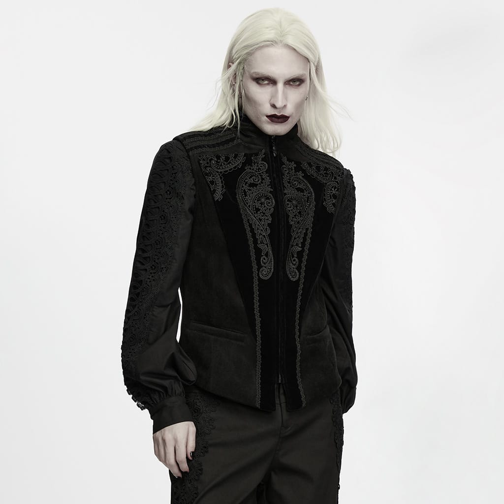 PUNK RAVE Men's Gothic Lace Applique Front Zipper Stand Collar Vest Black