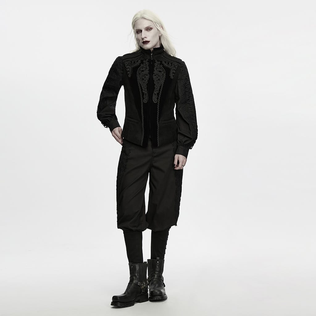 PUNK RAVE Men's Gothic Lace Applique Front Zipper Stand Collar Vest Black