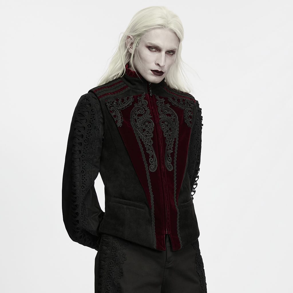 PUNK RAVE Men's Gothic Lace Applique Front Zipper Stand Collar Vest Black-Red