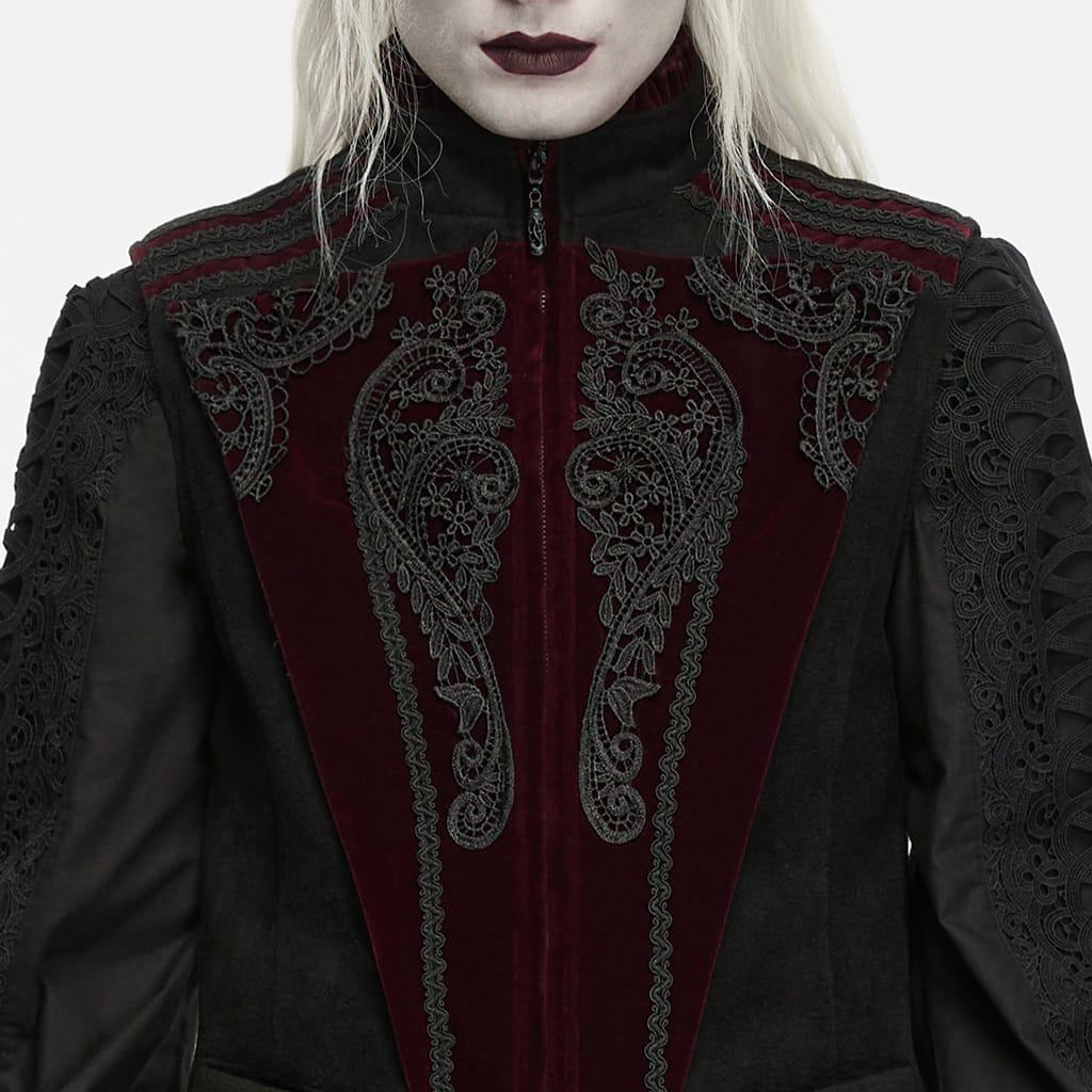 PUNK RAVE Men's Gothic Lace Applique Front Zipper Stand Collar Vest Black-Red