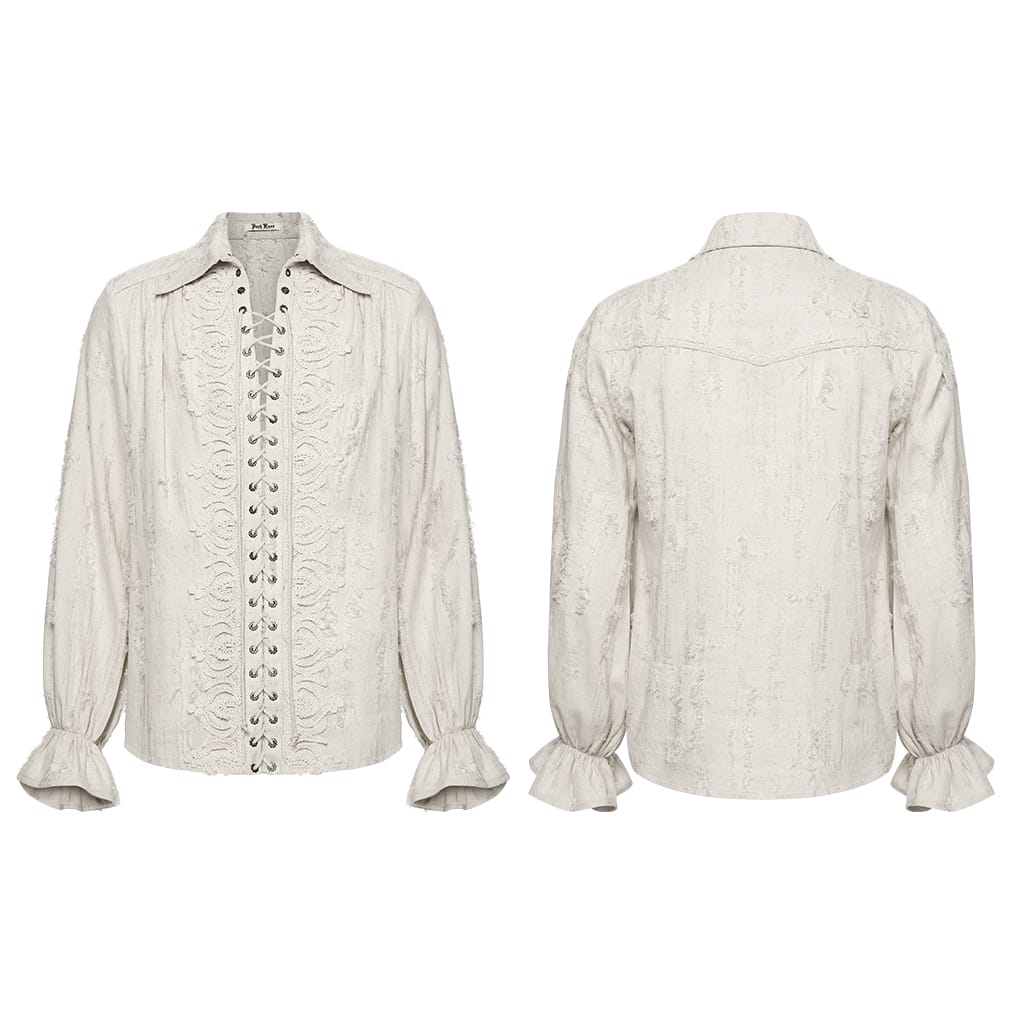 PUNK RAVE Men's Gothic Lace-up Distressed Turn-down Collar Shirt White