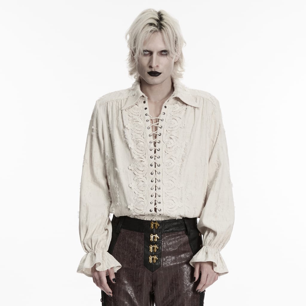 PUNK RAVE Men's Gothic Lace-up Distressed Turn-down Collar Shirt White