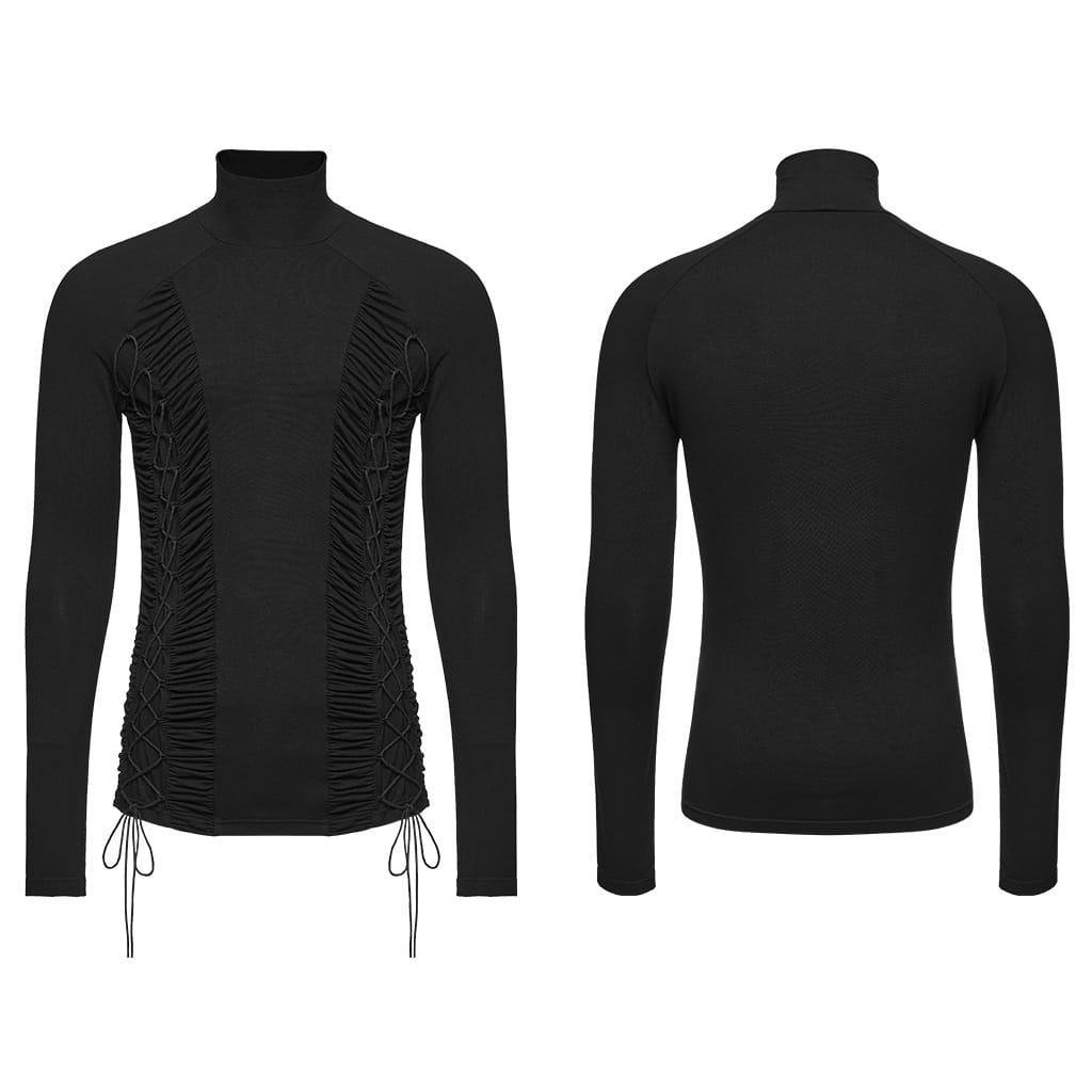 PUNK RAVE Men's Gothic Lace-up Ruched Turtle Neck Long Sleeve Top