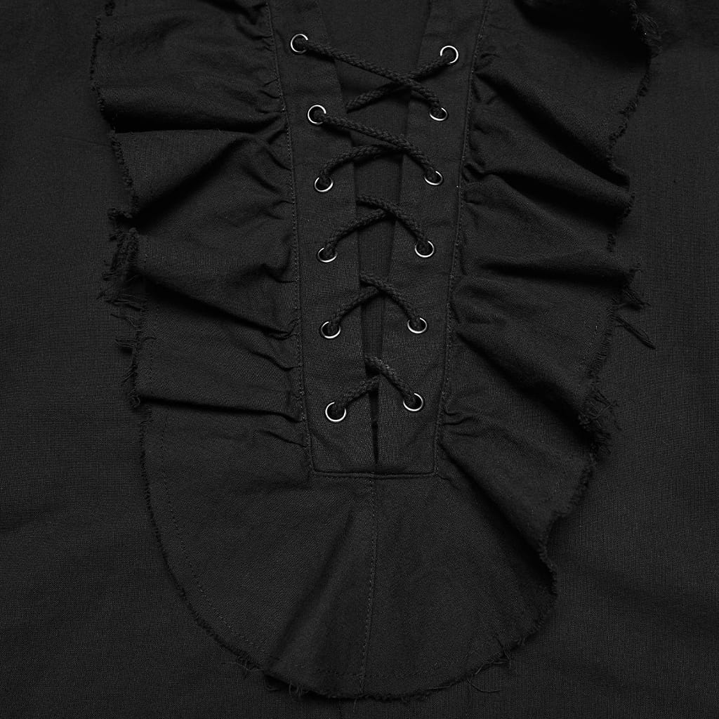 PUNK RAVE Men's Gothic Lace-up Ruffled Bishop Sleeved Shirt Black