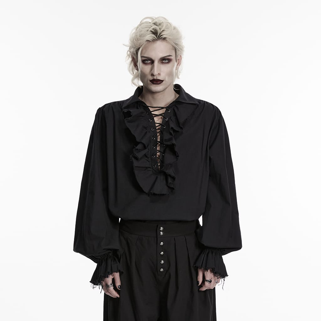 PUNK RAVE Men's Gothic Lace-up Ruffled Bishop Sleeved Shirt Black