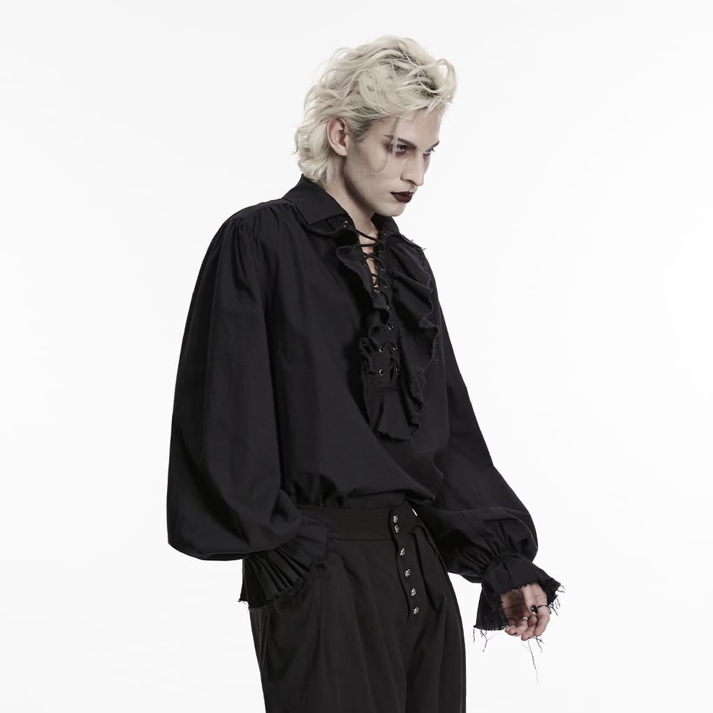 PUNK RAVE Men's Gothic Lace-up Ruffled Bishop Sleeved Shirt Black