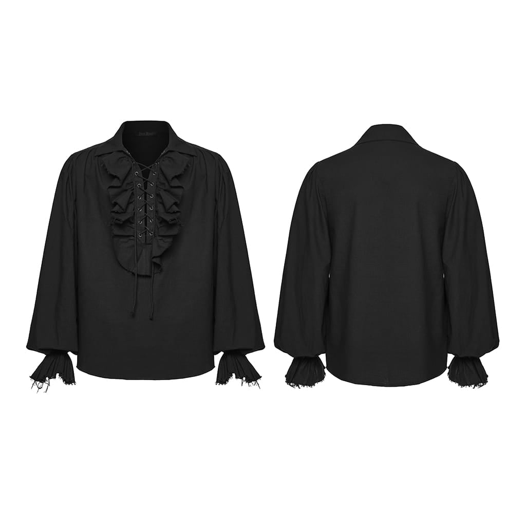 PUNK RAVE Men's Gothic Lace-up Ruffled Bishop Sleeved Shirt Black