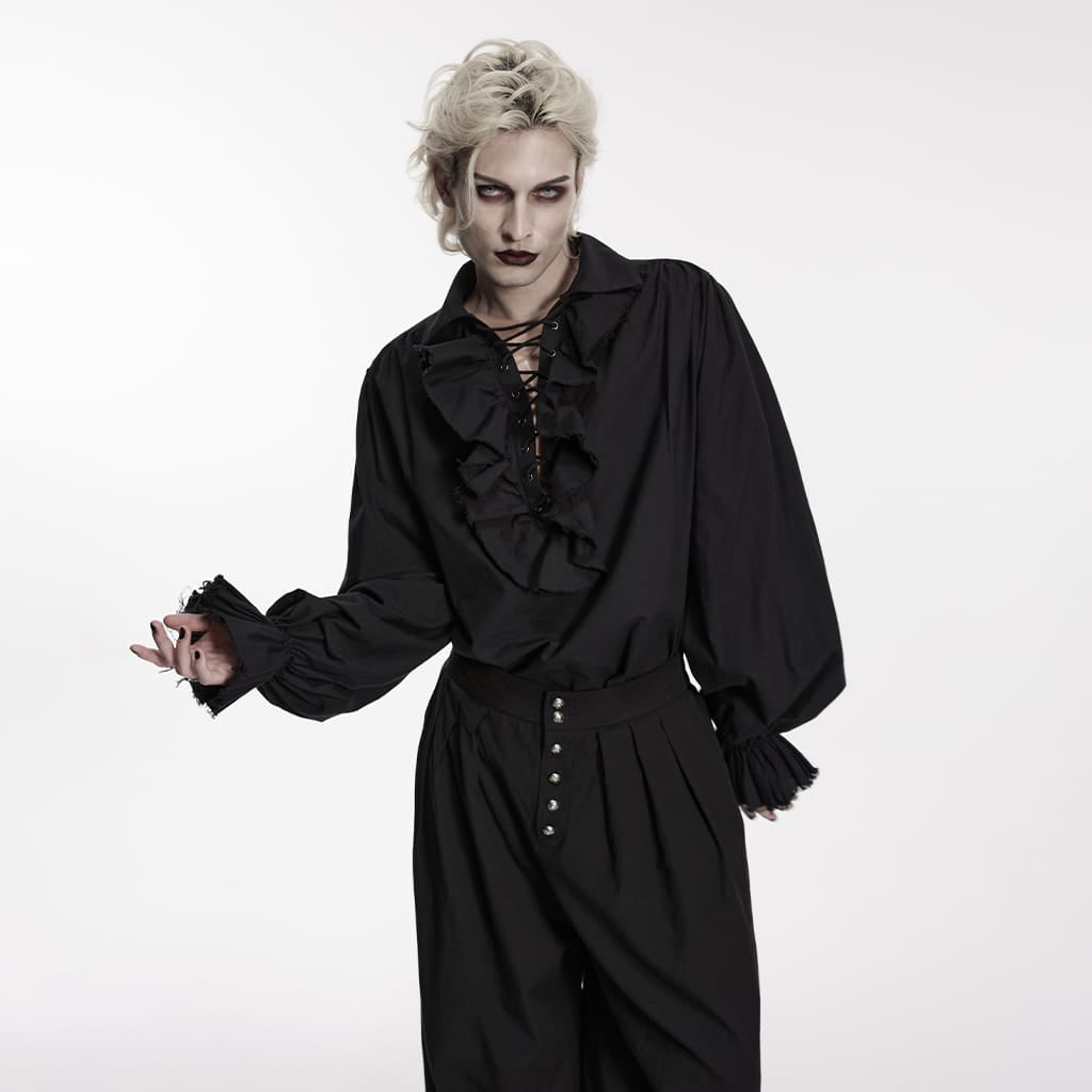 PUNK RAVE Men's Gothic Lace-up Ruffled Bishop Sleeved Shirt Black