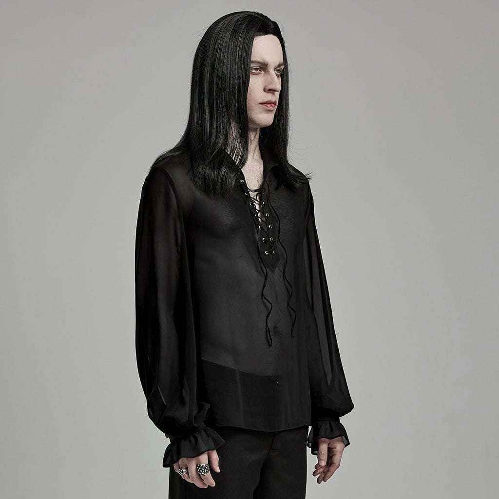 PUNK RAVE Men's Gothic Lantern Sleeved Lace-up Sheer Chiffon Shirt