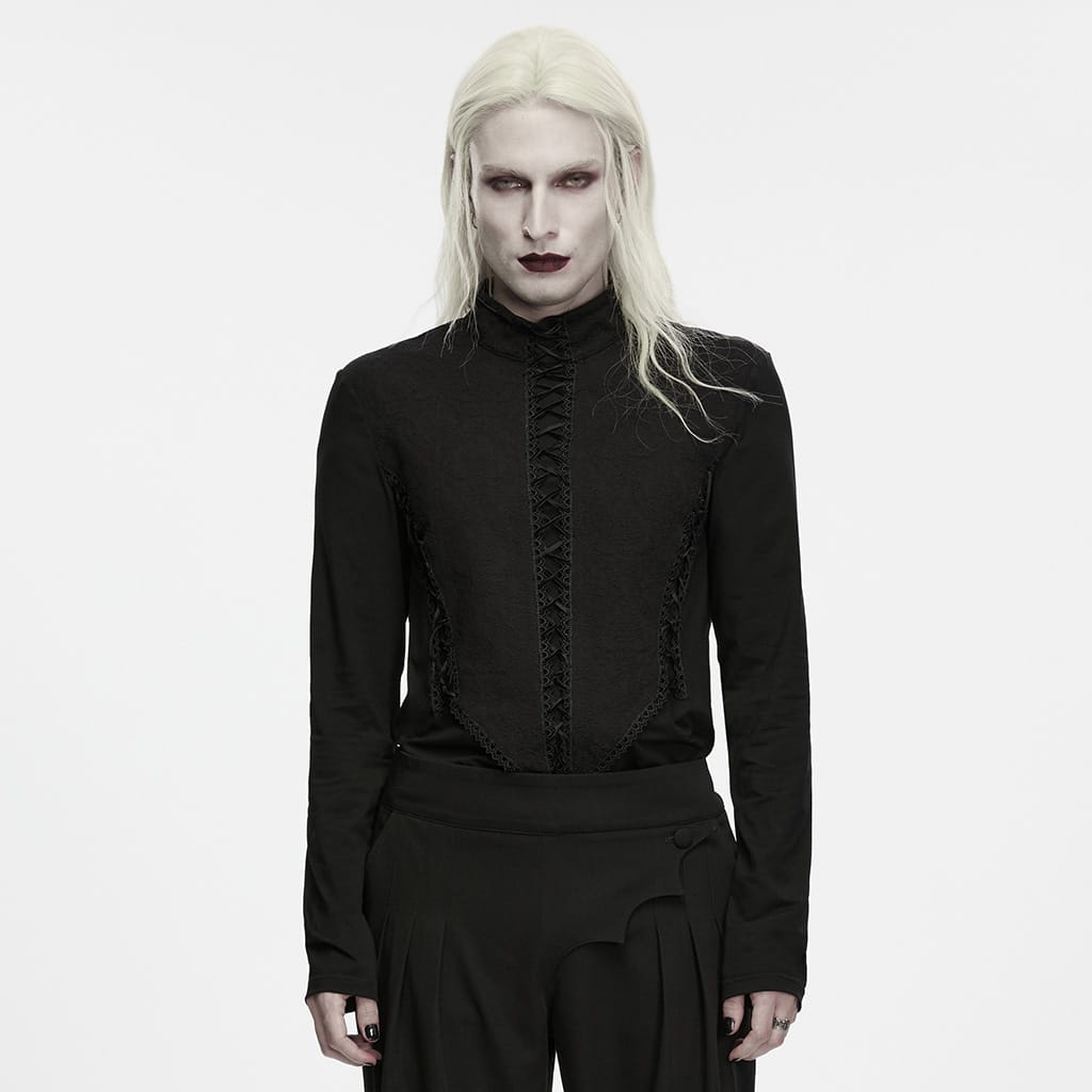 PUNK RAVE Men's Gothic Mock Neck Back Zipper Long Sleeve Top