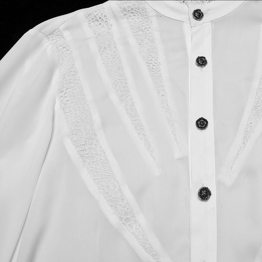 PUNK RAVE Men's Gothic Puff Sleeved Lace Splice Chiffon Shirt White