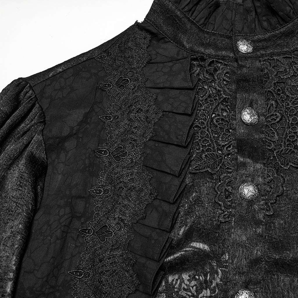 PUNK RAVE Men's Gothic Puff Sleeved Rose Ruffled Shirt Black