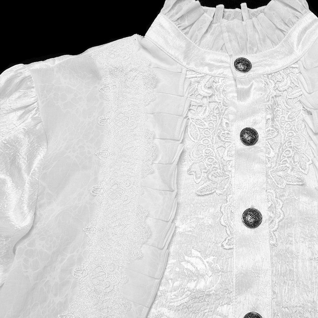 PUNK RAVE Men's Gothic Puff Sleeved Rose Ruffled Shirt White