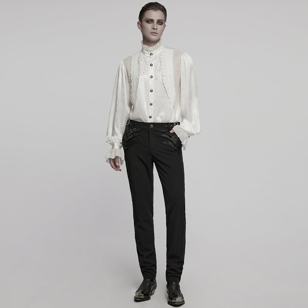 PUNK RAVE Men's Gothic Puff Sleeved Rose Ruffled Shirt White