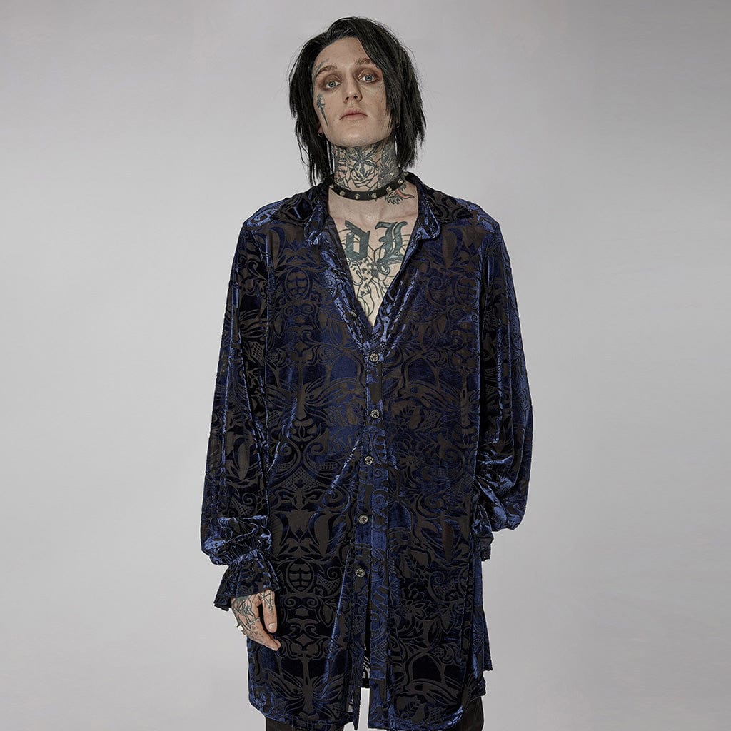 PUNK RAVE Men's Gothic Puff Sleeved Velvet Long Shirt