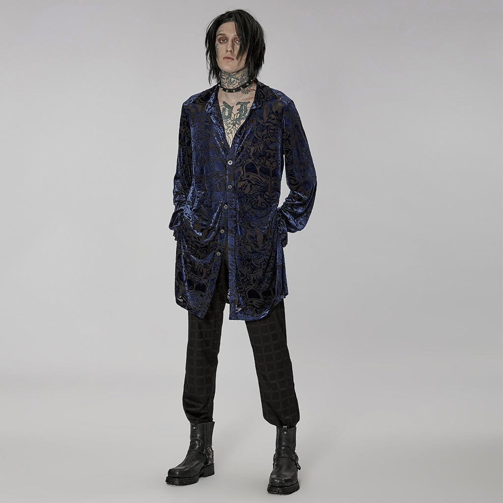 PUNK RAVE Men's Gothic Puff Sleeved Velvet Long Shirt