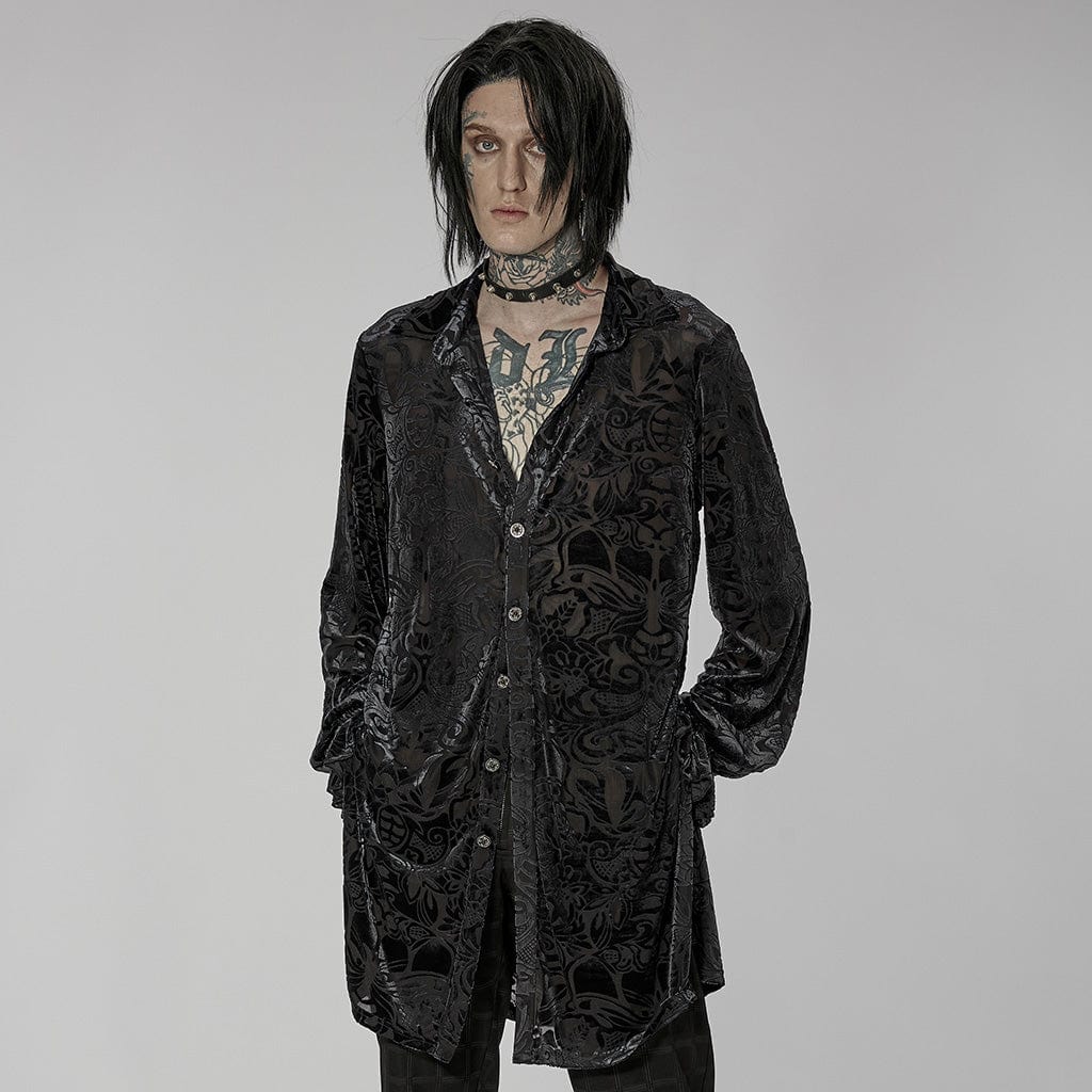 PUNK RAVE Men's Gothic Puff Sleeved Velvet Long Shirt