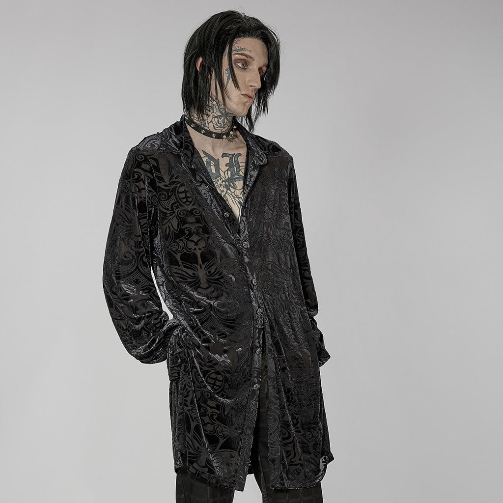 PUNK RAVE Men's Gothic Puff Sleeved Velvet Long Shirt