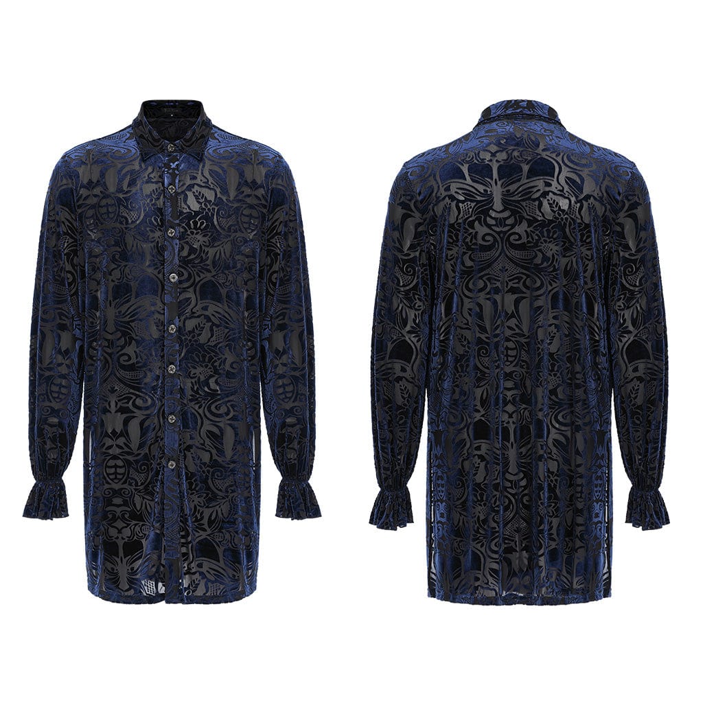 PUNK RAVE Men's Gothic Puff Sleeved Velvet Long Shirt