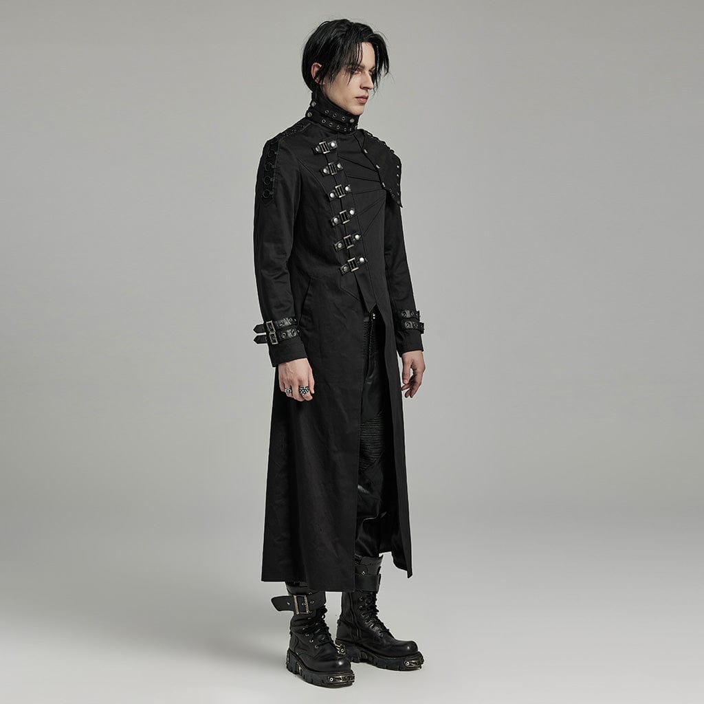 PUNK RAVE Men's Gothic Punk Multi-buckles Coat with Detached Shoulder Pad