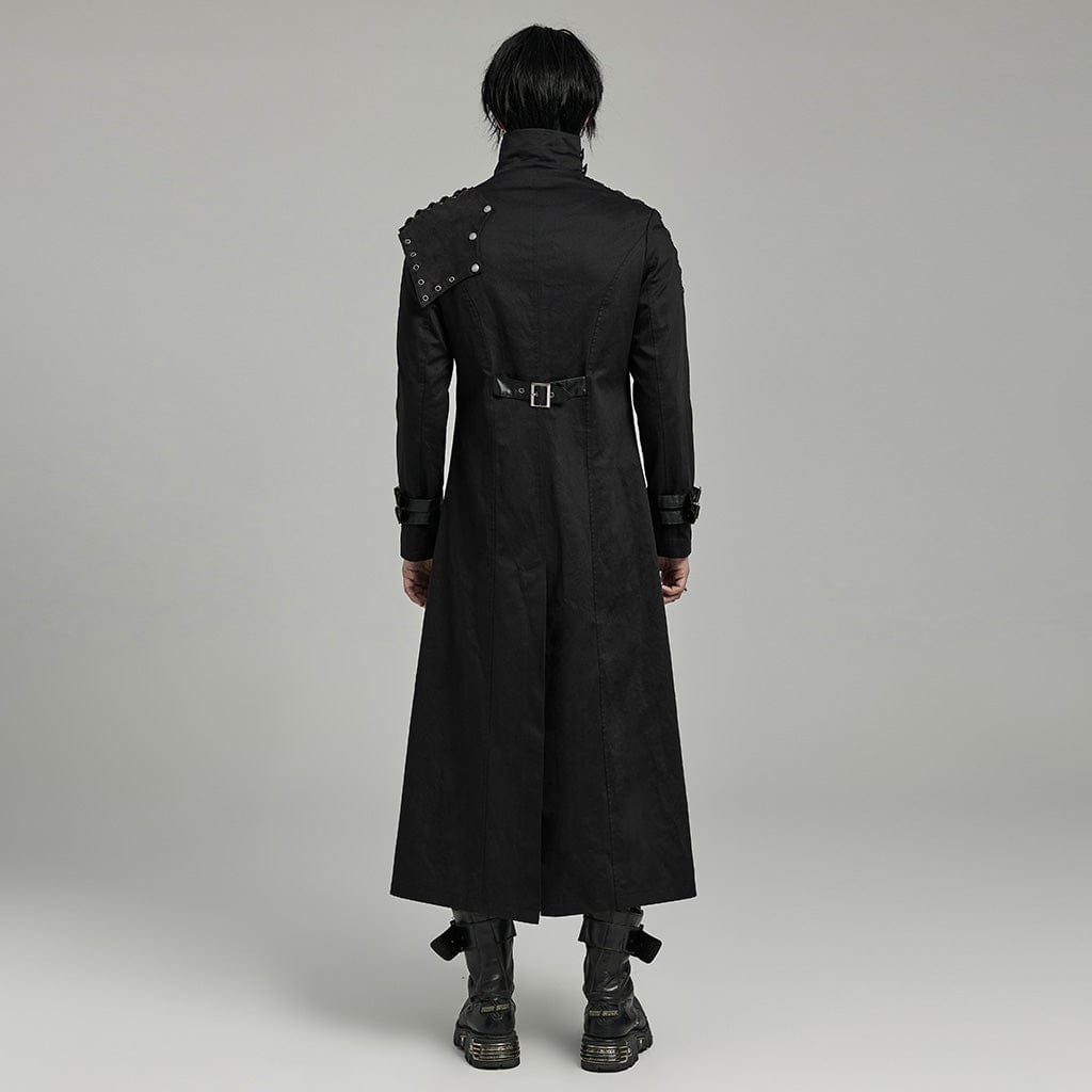 PUNK RAVE Men's Gothic Punk Multi-buckles Coat with Detached Shoulder Pad