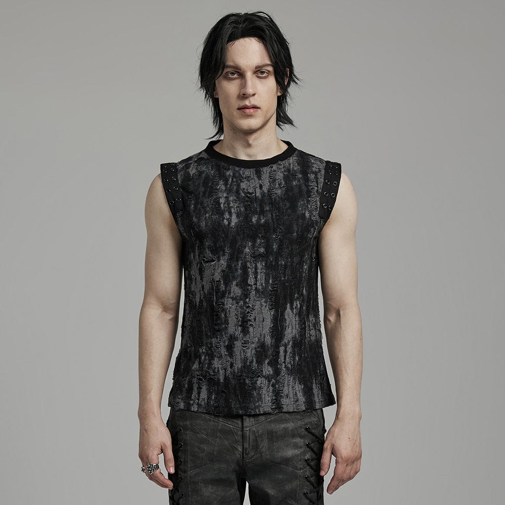 PUNK RAVE Men's Gothic Punk Ripped Eyelet Black Grey Tank Top