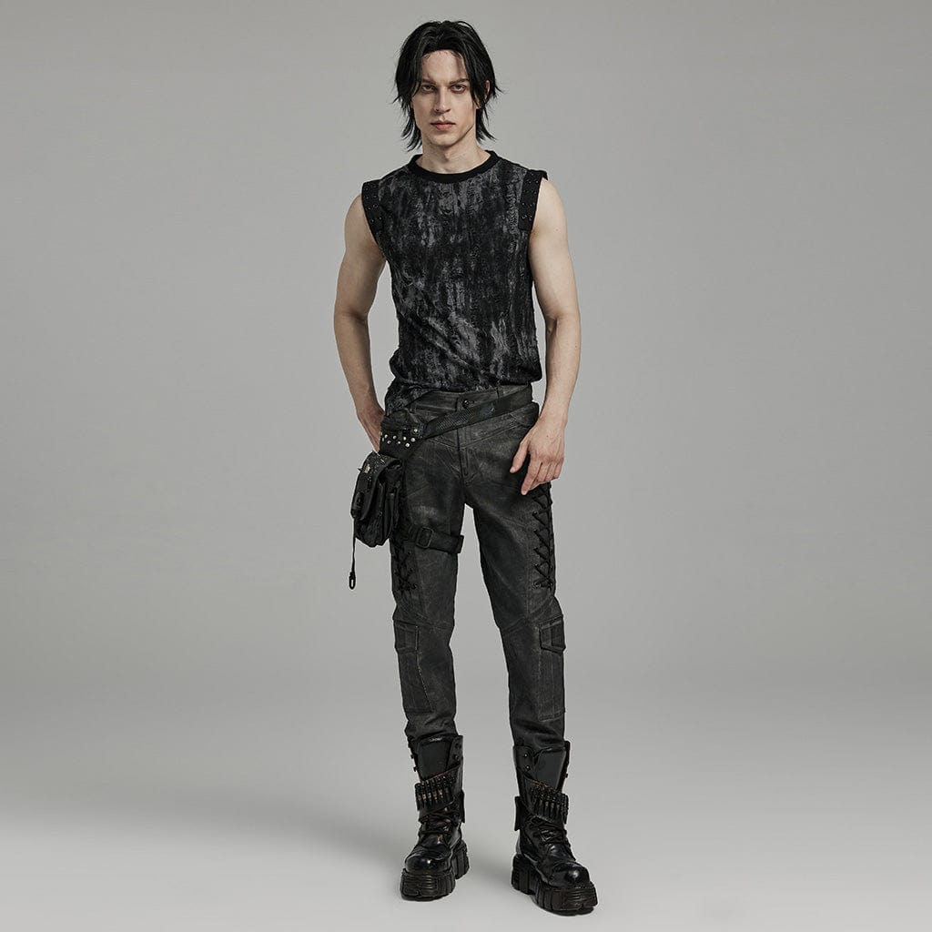 PUNK RAVE Men's Gothic Punk Ripped Eyelet Black Grey Tank Top