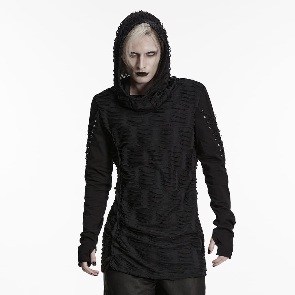 PUNK RAVE Men's Gothic Ripped Hooded Top