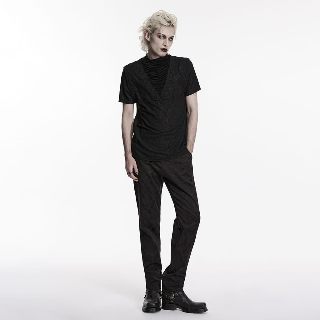 PUNK RAVE Men's Gothic Ruched Turtleneck Short Sleeved Top