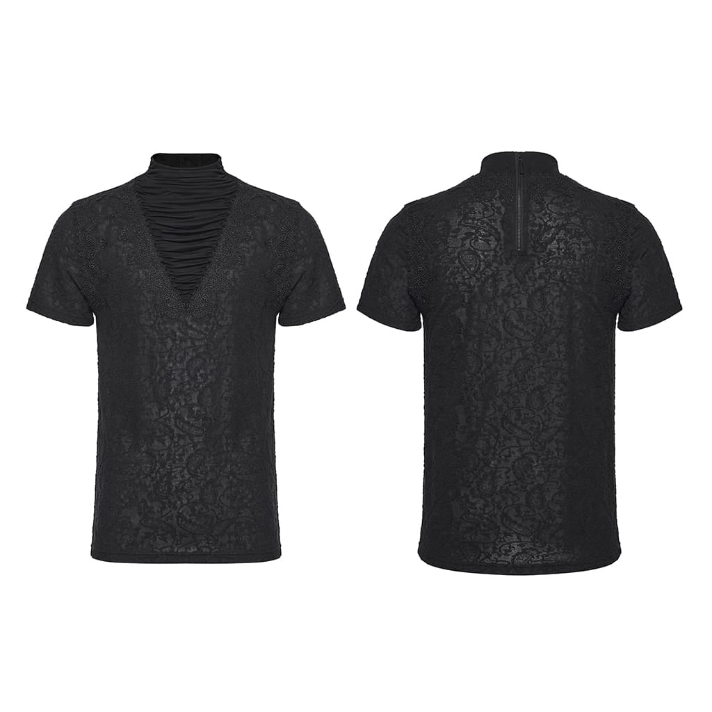 PUNK RAVE Men's Gothic Ruched Turtleneck Short Sleeved Top