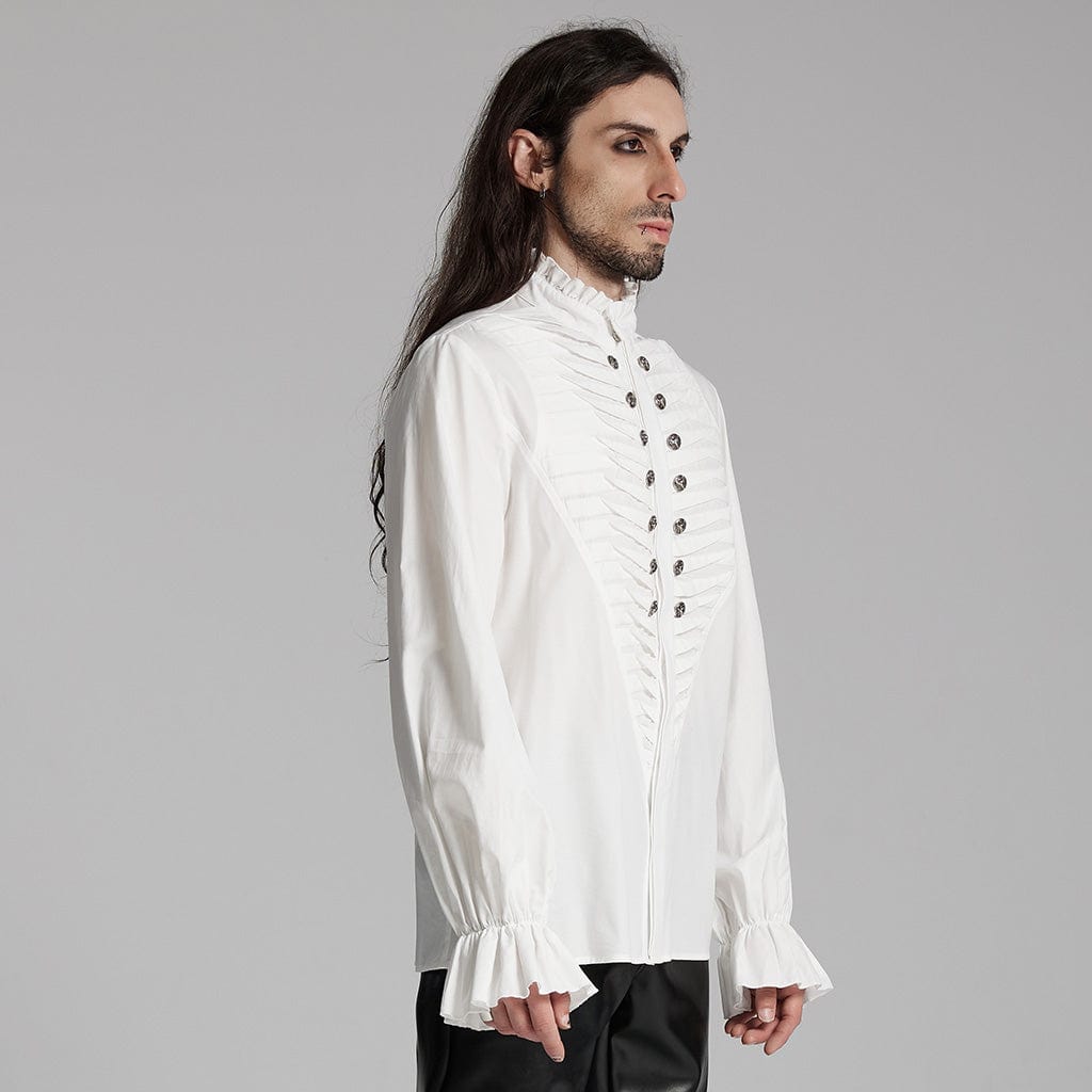 PUNK RAVE Men's Gothic Ruffled Beast Buckle Shirt White