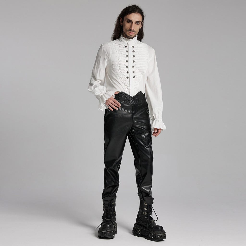 PUNK RAVE Men's Gothic Ruffled Beast Buckle Shirt White