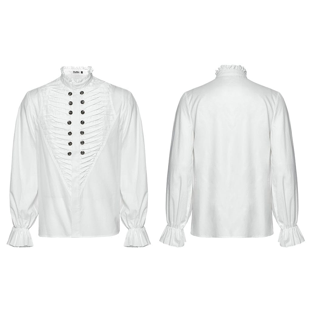 PUNK RAVE Men's Gothic Ruffled Beast Buckle Shirt White