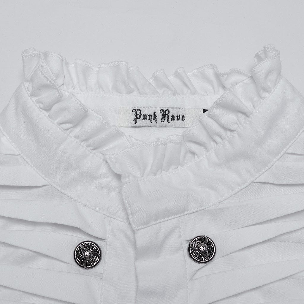 PUNK RAVE Men's Gothic Ruffled Beast Buckle Shirt White