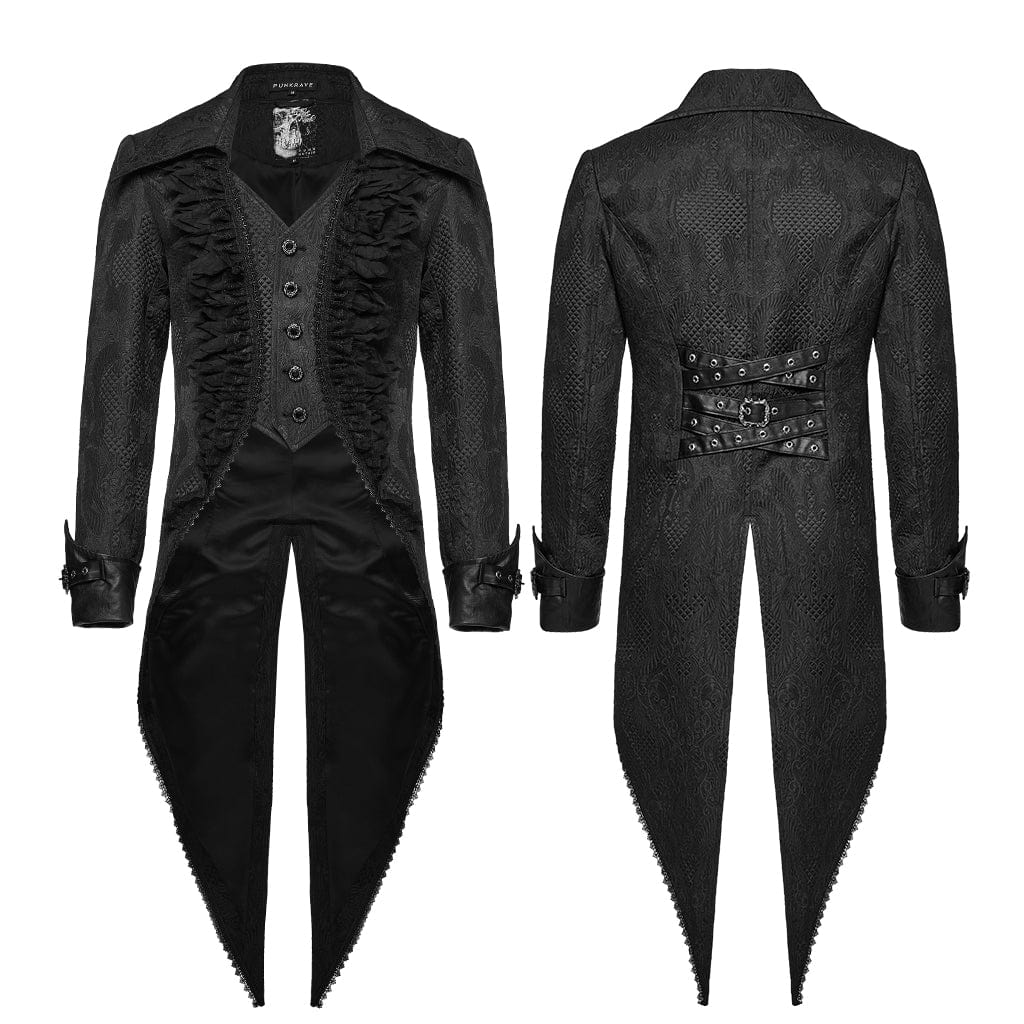 PUNK RAVE Men's Gothic Ruffled Lace Splice Jacquard Swallow-tailed Coat