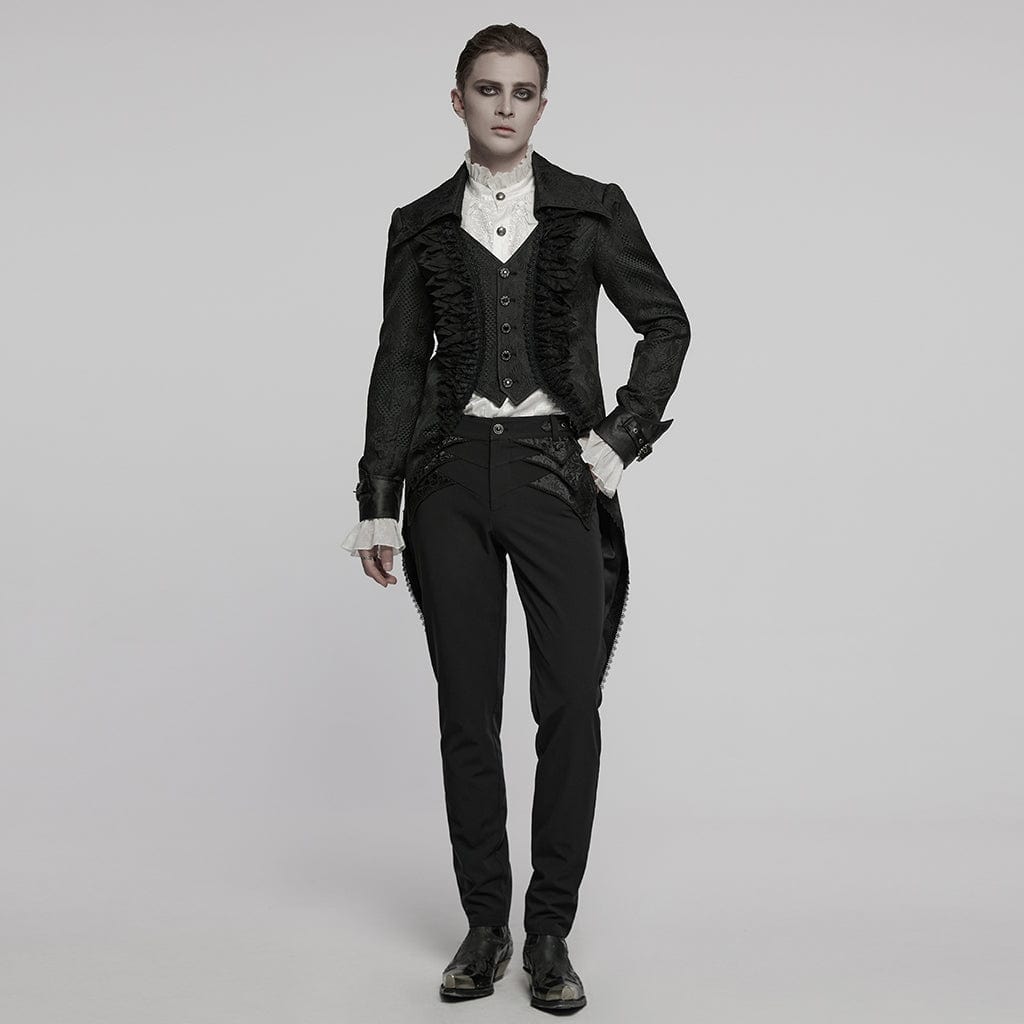 PUNK RAVE Men's Gothic Ruffled Lace Splice Jacquard Swallow-tailed Coat