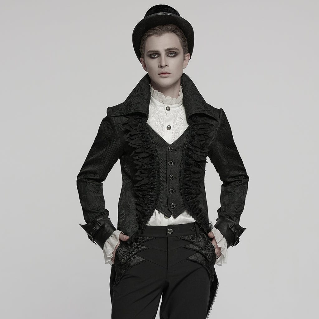 PUNK RAVE Men's Gothic Ruffled Lace Splice Jacquard Swallow-tailed Coat