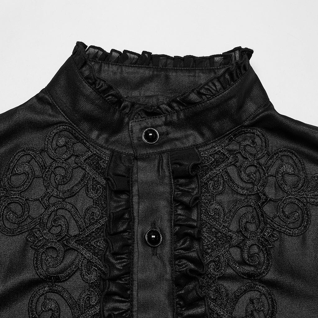 PUNK RAVE Men's Gothic Ruffled Stand Collar Embroidered Sheer Shirt Black