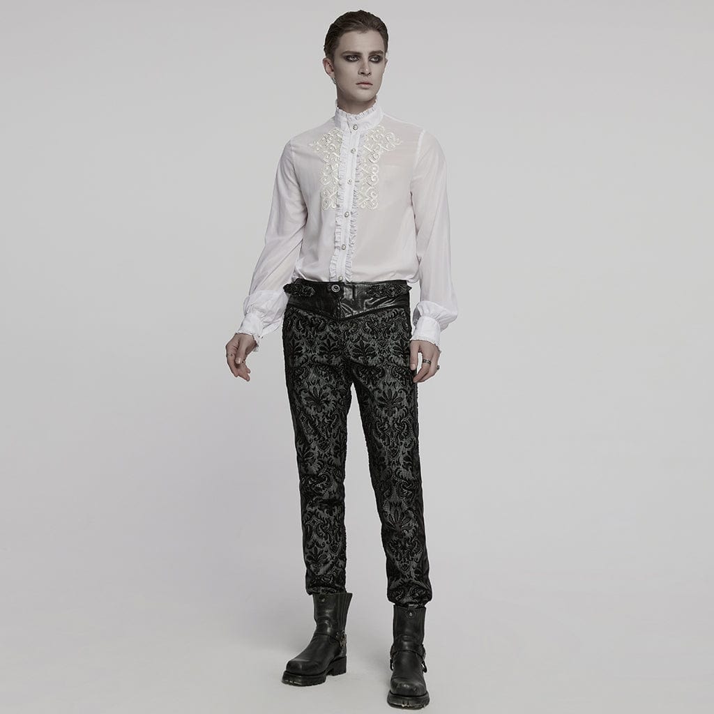 PUNK RAVE Men's Gothic Ruffled Stand Collar Embroidered Sheer Shirt White