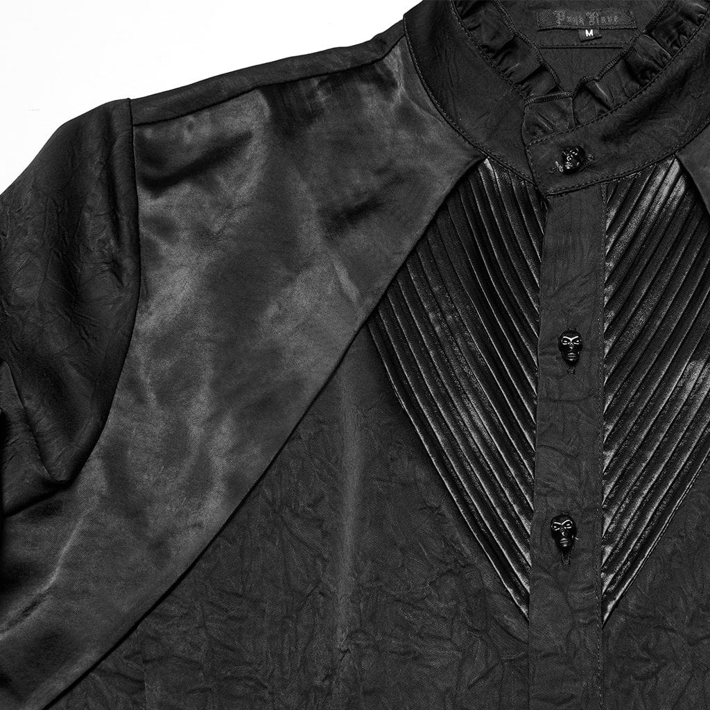 PUNK RAVE Men's Gothic Ruffled Stand Collar Pleated Shirt Black