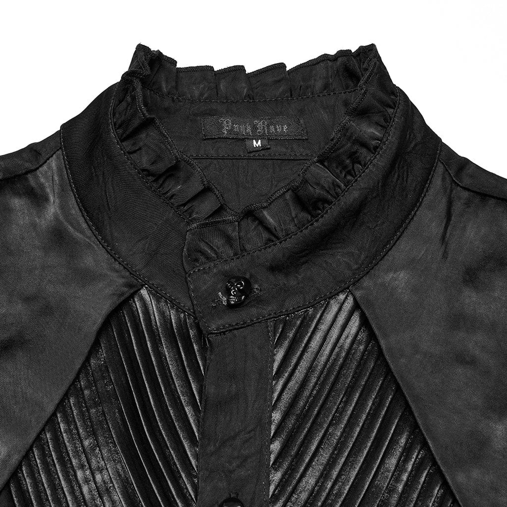PUNK RAVE Men's Gothic Ruffled Stand Collar Pleated Shirt Black