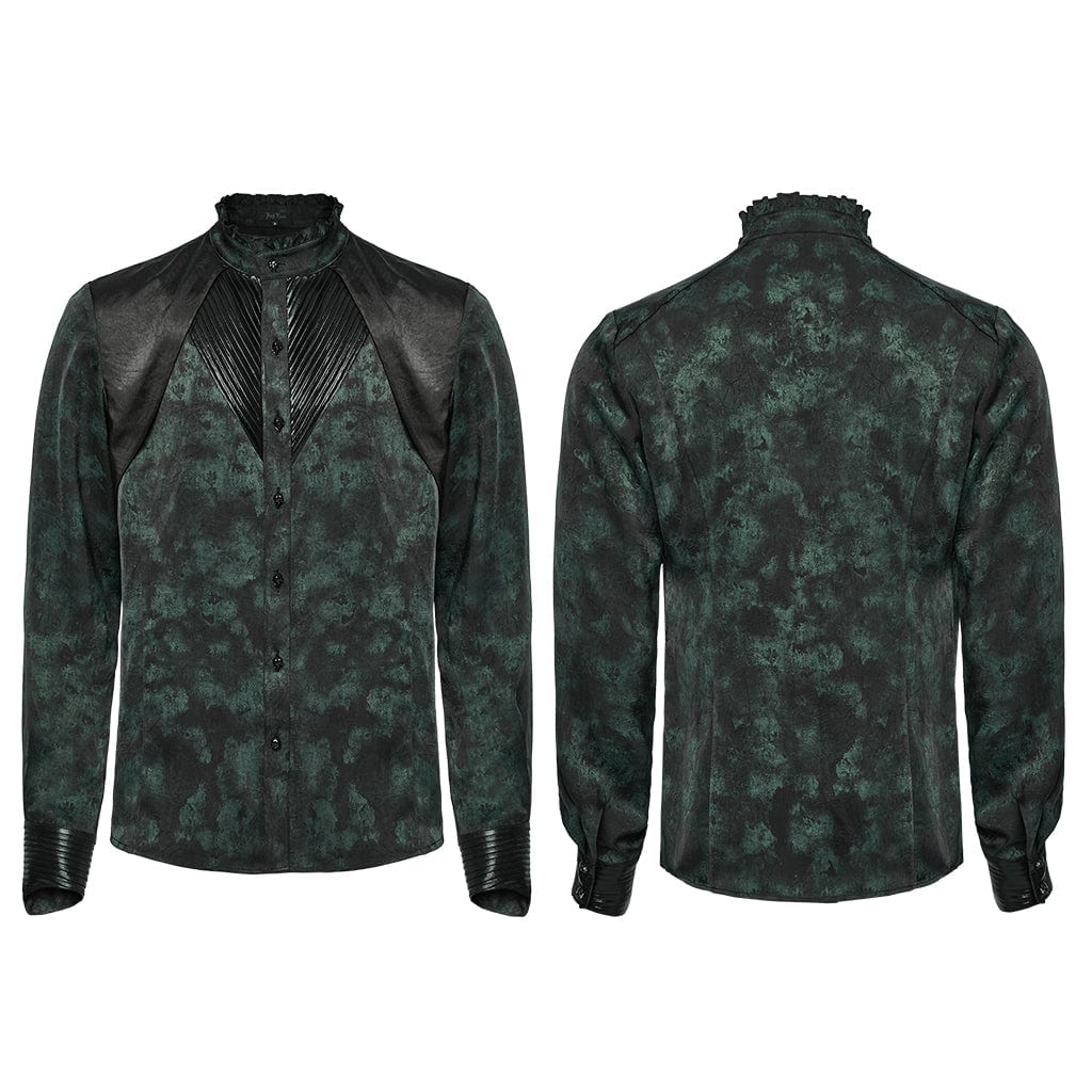 PUNK RAVE Men's Gothic Ruffled Stand Collar Pleated Shirt Green